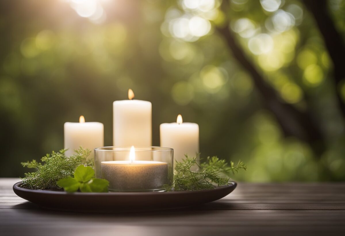 A serene setting with a peaceful atmosphere, symbolizing the practice of meditation for addiction recovery. Incorporate calming elements such as nature, candles, and a sense of inner reflection