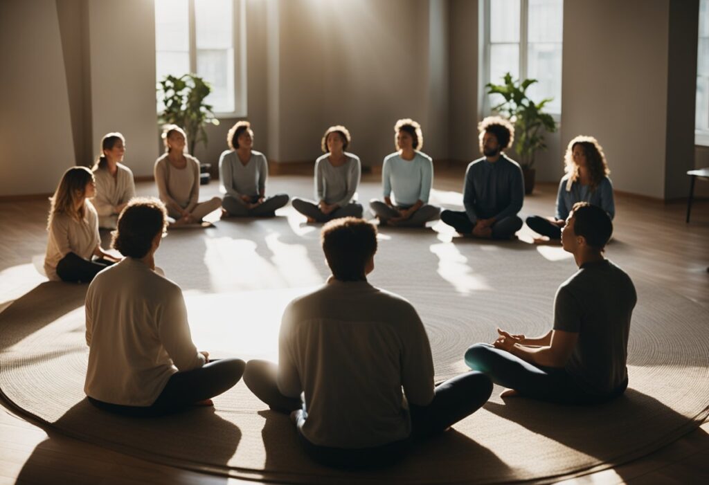 A serene room with soft lighting, cushions on the floor, and a peaceful atmosphere. A group of people sit in a circle, eyes closed, practicing meditation as part of their recovery program