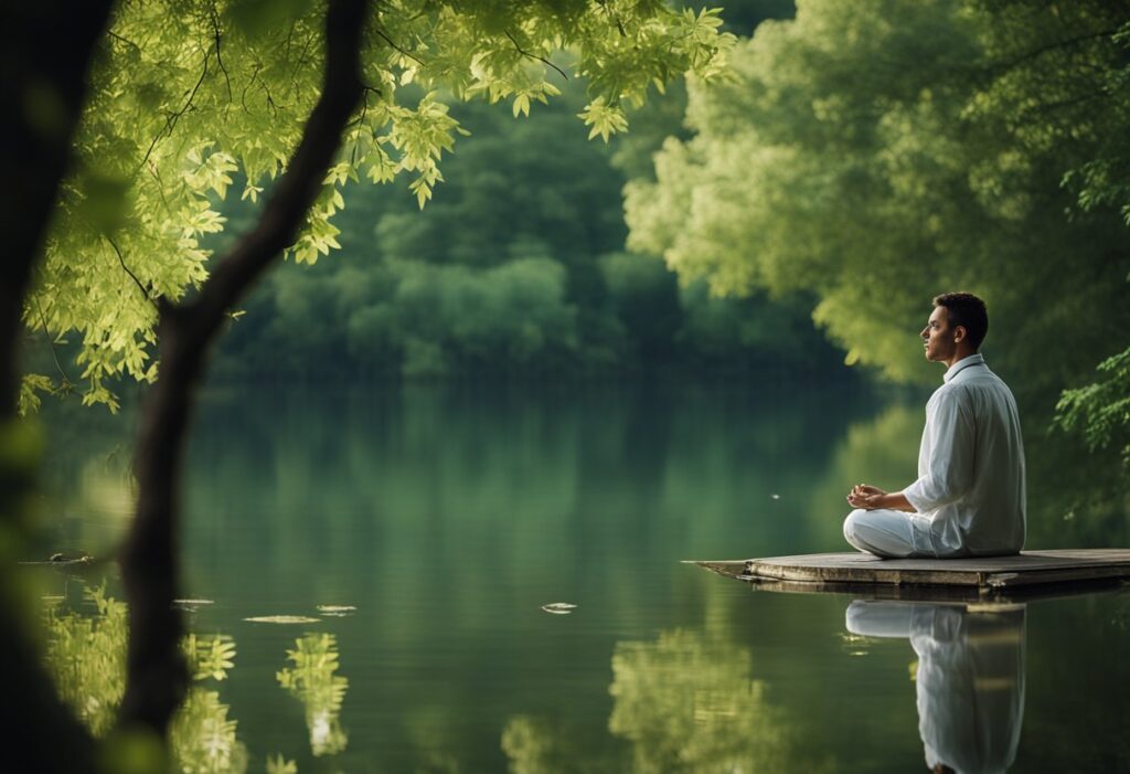 A serene setting with a calm, still lake surrounded by lush greenery. A figure sits in meditation, with a sense of peace and introspection
