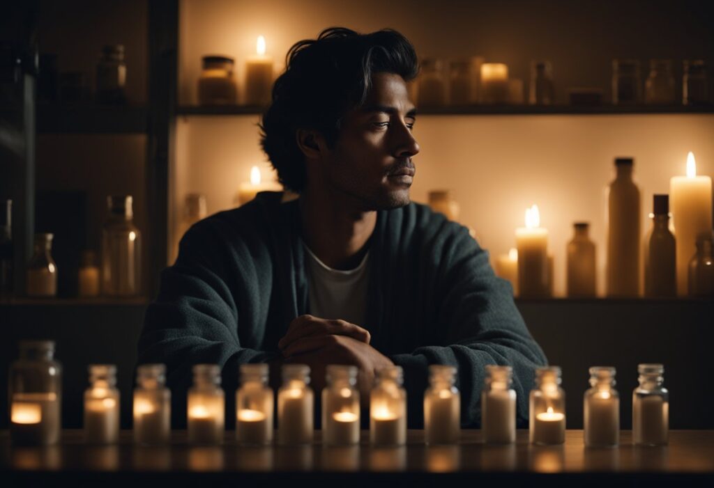 A person sits in a dimly lit room, surrounded by empty pill bottles and a flickering candle. Their eyes are closed, and they appear to be deep in meditation, seeking inner peace amidst their struggle with addiction