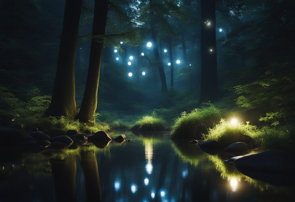 A serene, starlit night with a tranquil forest and a peaceful stream, surrounded by glowing orbs of energy and a sense of deep relaxation