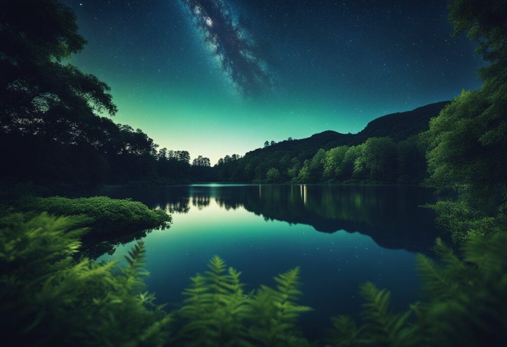 A serene night scene with a peaceful, starry sky and a tranquil body of water, surrounded by lush greenery and soft, glowing light