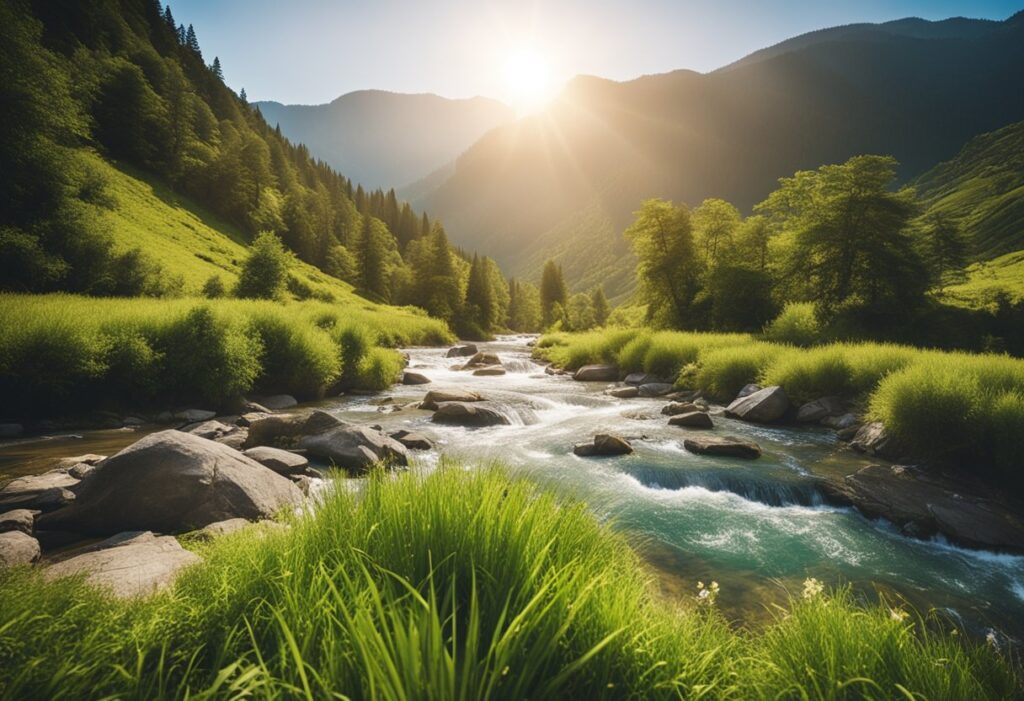 A serene mountain landscape, with a tranquil river flowing through lush green valleys, and a bright sun shining down from a clear blue sky