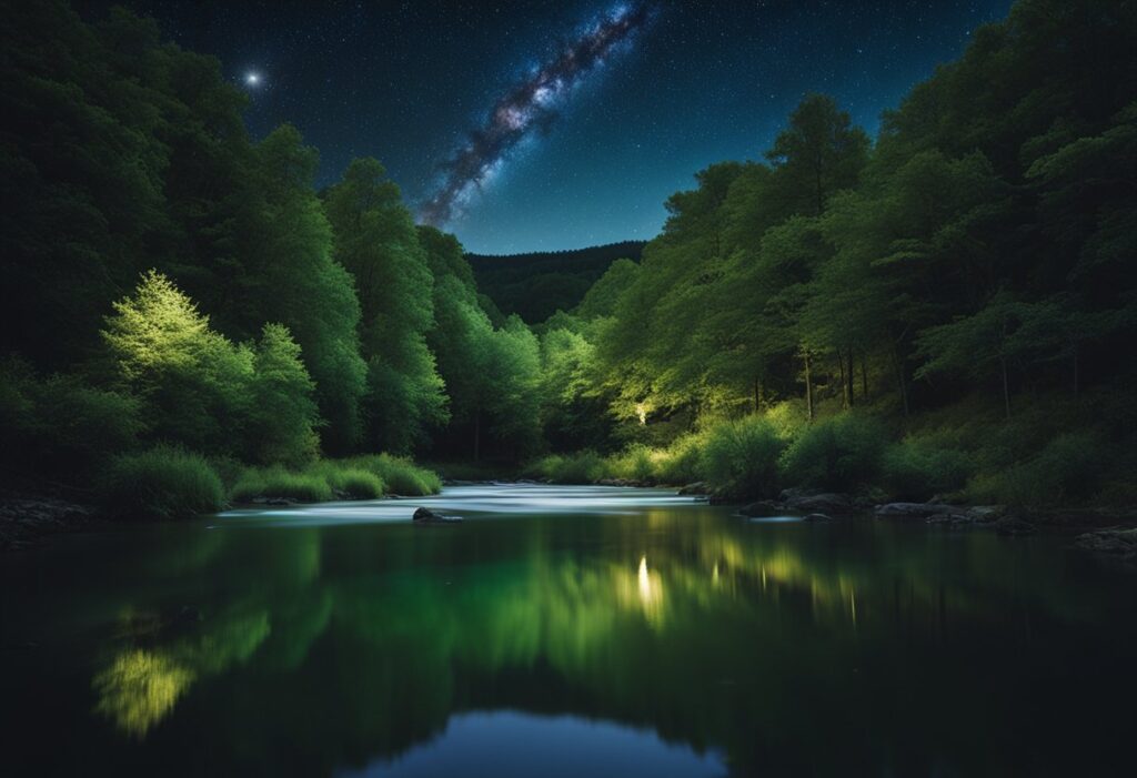 A tranquil night scene with a serene, starry sky and a peaceful, flowing river, surrounded by lush, green trees and gentle, calming sounds of nature