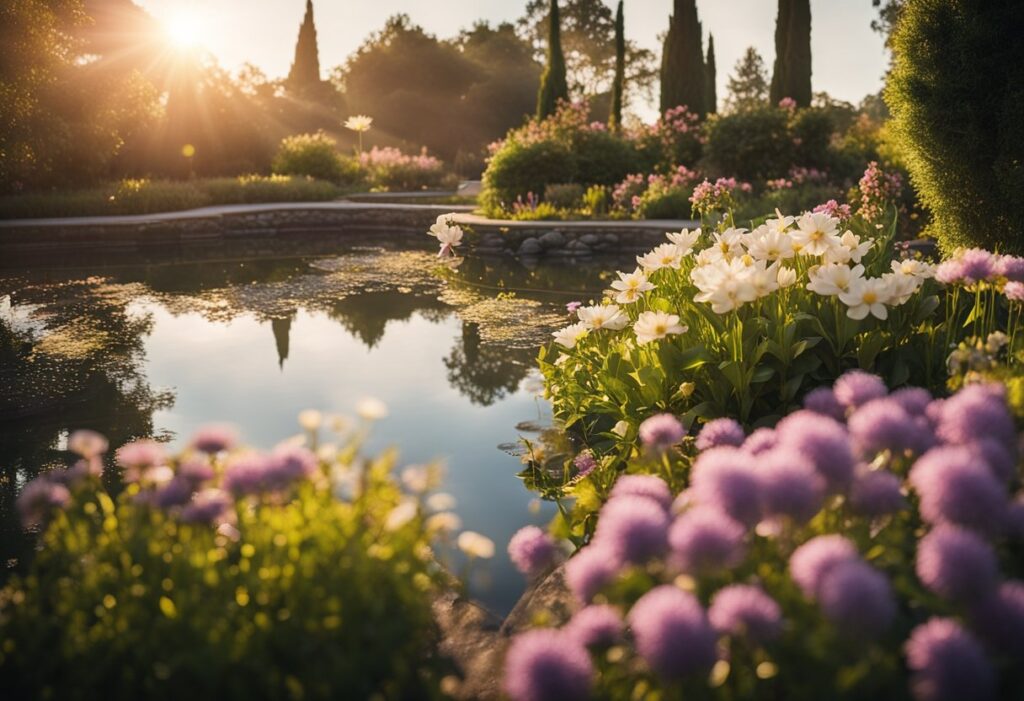 A peaceful garden with blooming flowers, a tranquil pond, and a gentle breeze. The sun is setting, casting a warm, soothing light over the scene