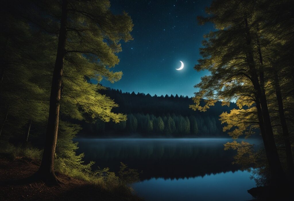A serene forest at night, with a crescent moon casting a gentle glow on a tranquil lake. The air is still, and the only sound is the soft rustling of leaves in the breeze