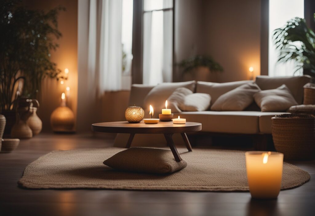 A serene room with soft lighting, a cushion on the floor, and a small table with a lit candle and burning incense