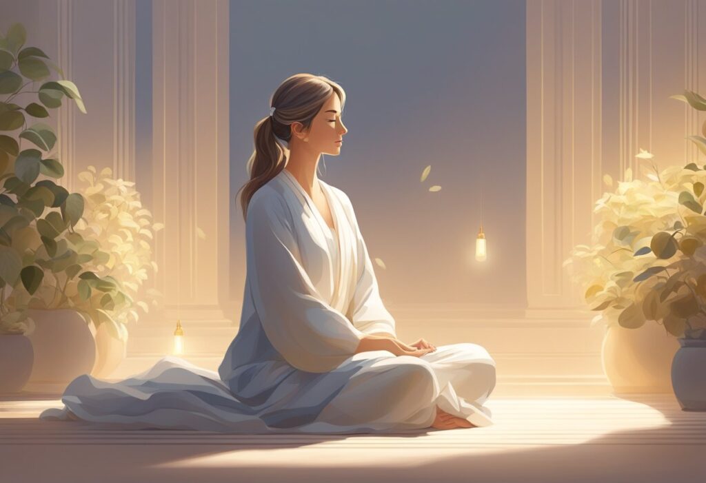 A serene figure sits cross-legged, surrounded by soft, glowing light. A gentle melody fills the air, creating a peaceful and tranquil atmosphere