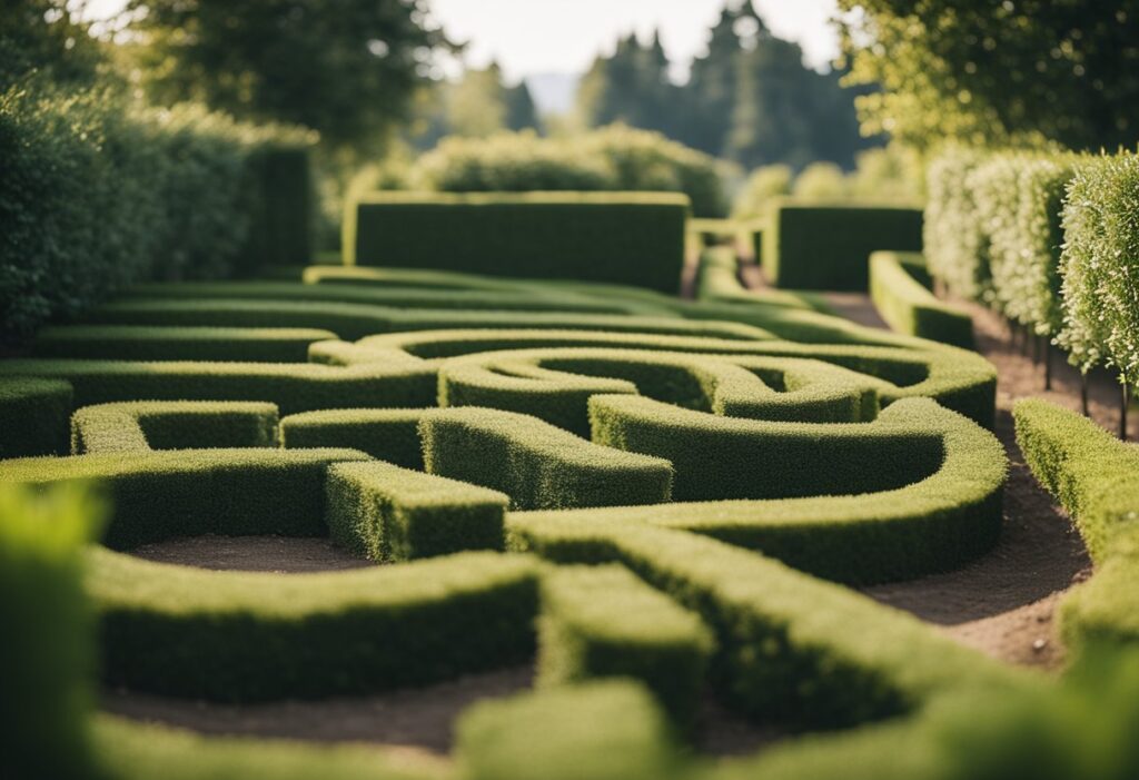 A serene setting with a tangled maze representing challenges, and a clear path leading to a peaceful garden symbolizing solutions