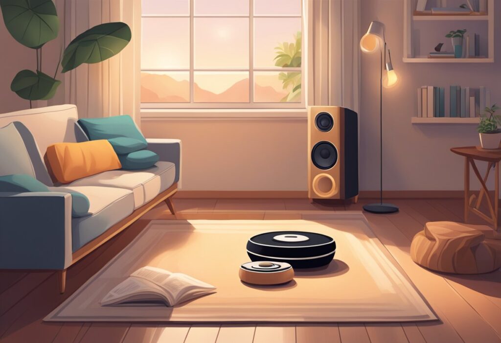 A serene room with soft lighting, a cozy cushion on the floor, and a small table holding a speaker playing calming music