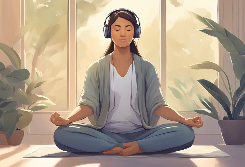 A person sits cross-legged, eyes closed, surrounded by soft light and tranquil music, practicing meditation techniques