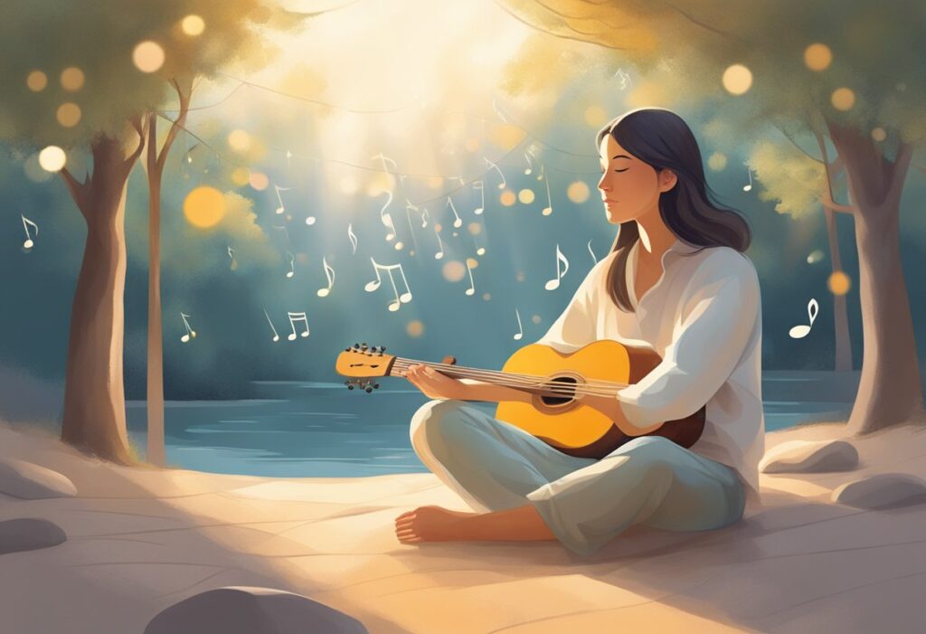 A serene figure sits cross-legged in a peaceful natural setting, surrounded by soft, warm light, with musical notes floating gently in the air