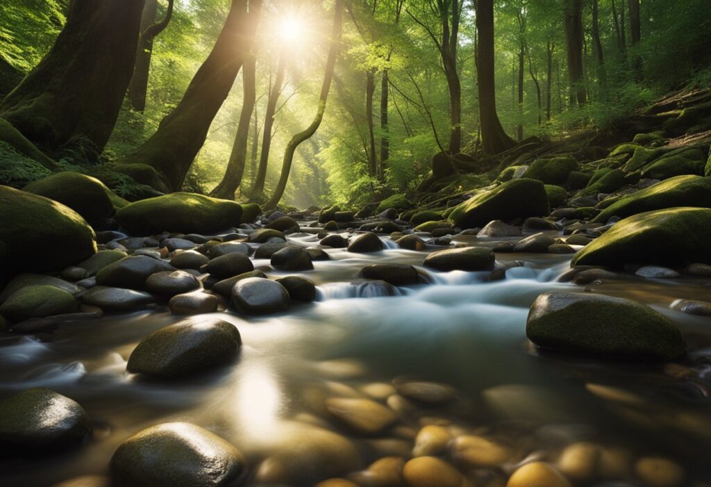 A serene forest with sunlight filtering through the leaves, highlighting the peaceful rhythm of a stream flowing gently over smooth stones