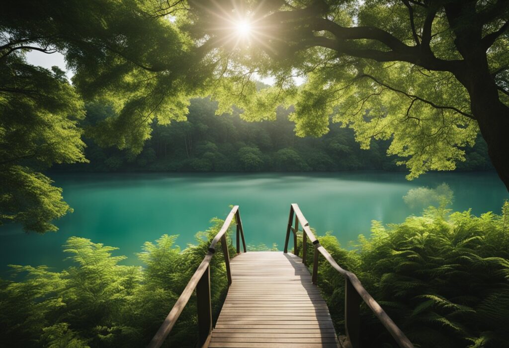 A serene nature scene with a calm body of water, surrounded by lush greenery and gentle sunlight filtering through the trees