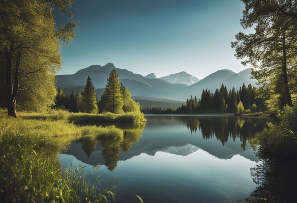 A serene nature scene with a calm, still lake reflecting the surrounding trees and mountains, evoking a sense of peace and self-compassion