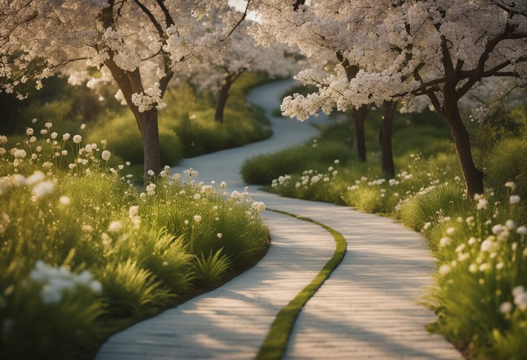 A serene nature scene with a winding path, blooming flowers, and a clear sky, representing the journey of practicing mindful self-compassion amidst obstacles
