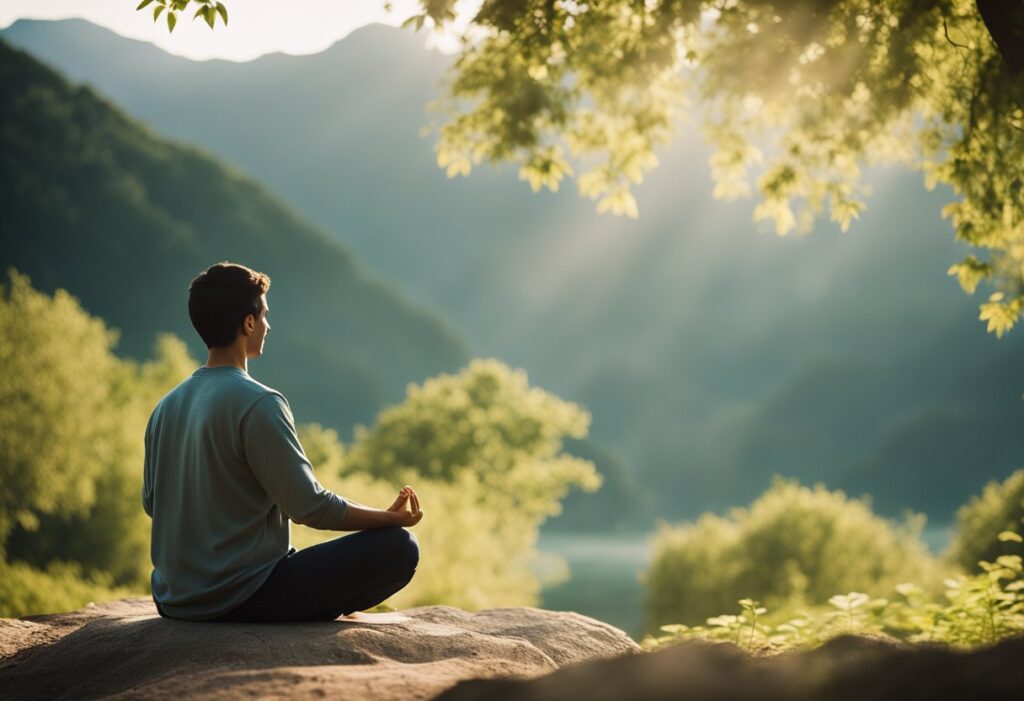 A serene nature scene with a person meditating, surrounded by soft light and gentle colors, with a focus on the peaceful and mindful atmosphere
