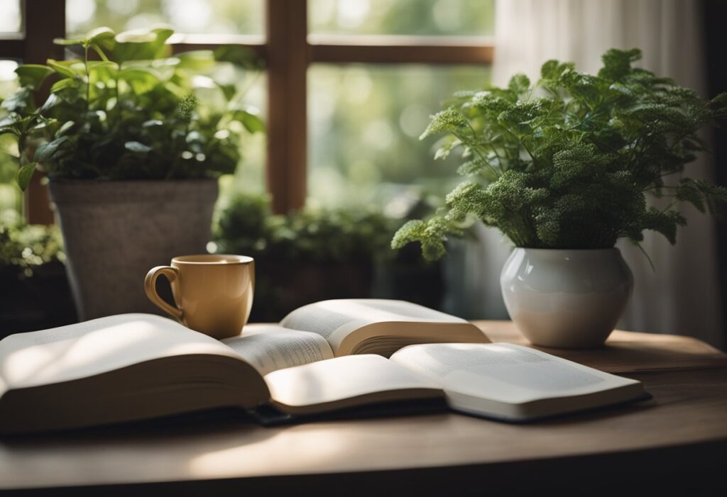 A cozy corner with a soft rug, a comfortable chair, and a small table with books and a journal. A peaceful atmosphere with natural light and plants