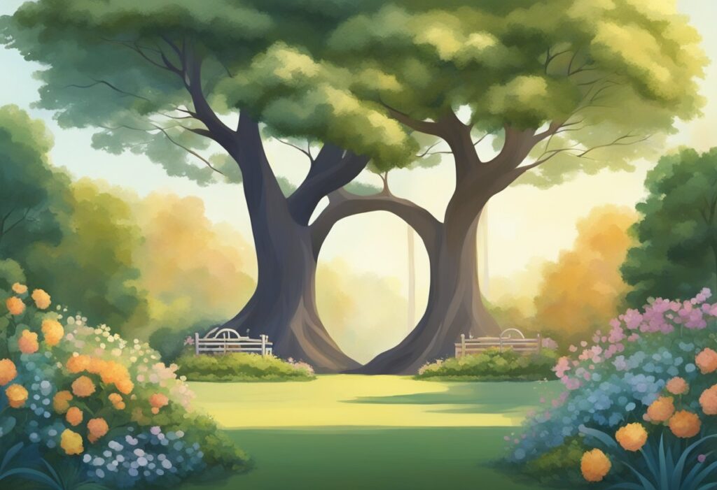 A serene garden with two intertwining trees, symbolizing unity and connection. A gentle breeze moves through the scene, creating a sense of calm and harmony