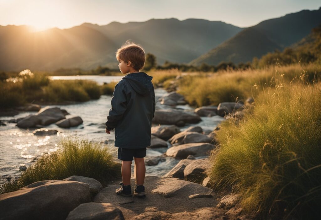 A child stands at the edge of a river, facing a rocky path. The sun is setting, casting a warm glow over the scene. The child takes a deep breath and looks determined as they prepare to take their first step onto the challenging path